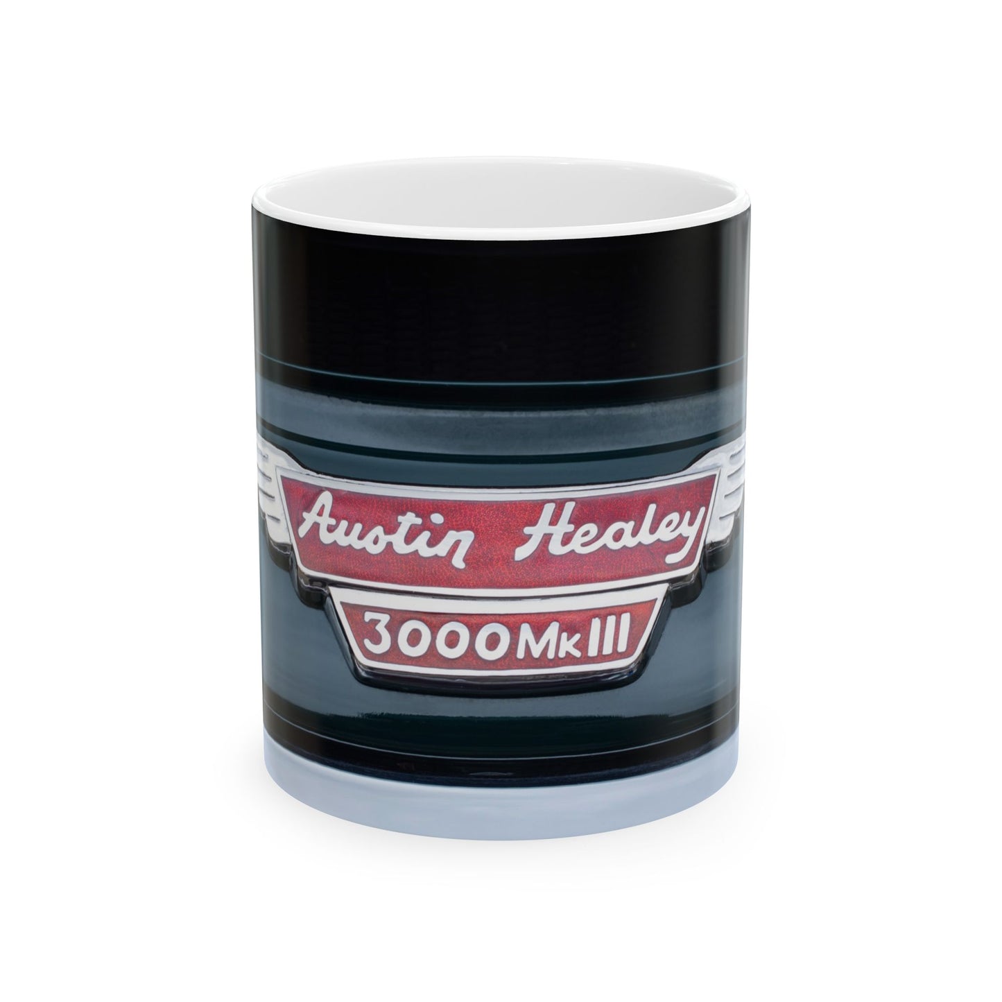 Classic Austin Healey 3000 Mk III classic car chrome logo for 11 or 15oz ceramic cups or mugs.