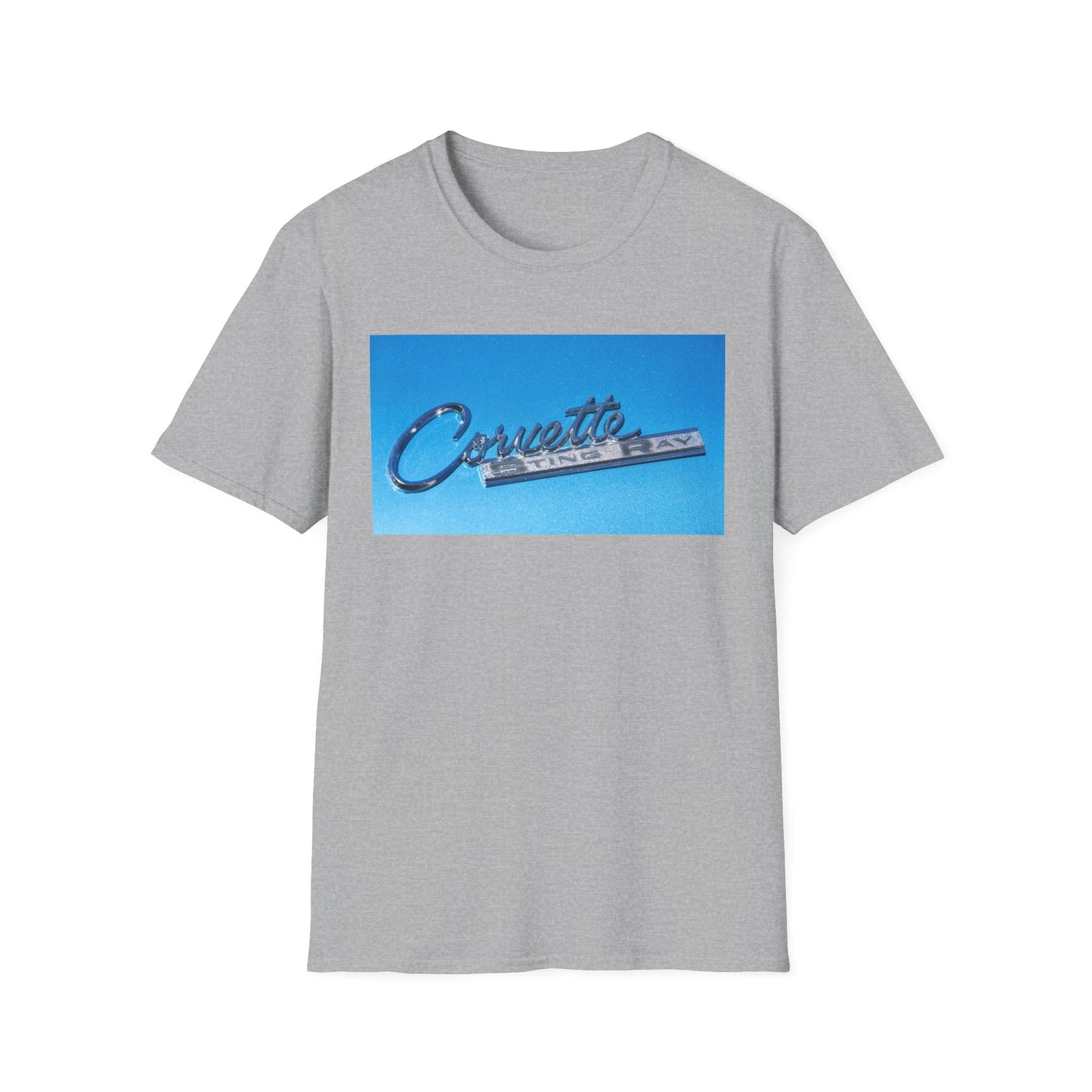 Corvette Stingray classic car chrome logo, silver on metal flake blue.