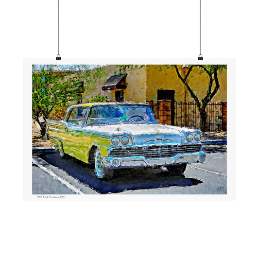Vintage Car Painting Matte Horizontal Poster, Ford Fairlane 500 Wall Art Decor, Classic Automotive Art Print, Retro Car Lover Gift,