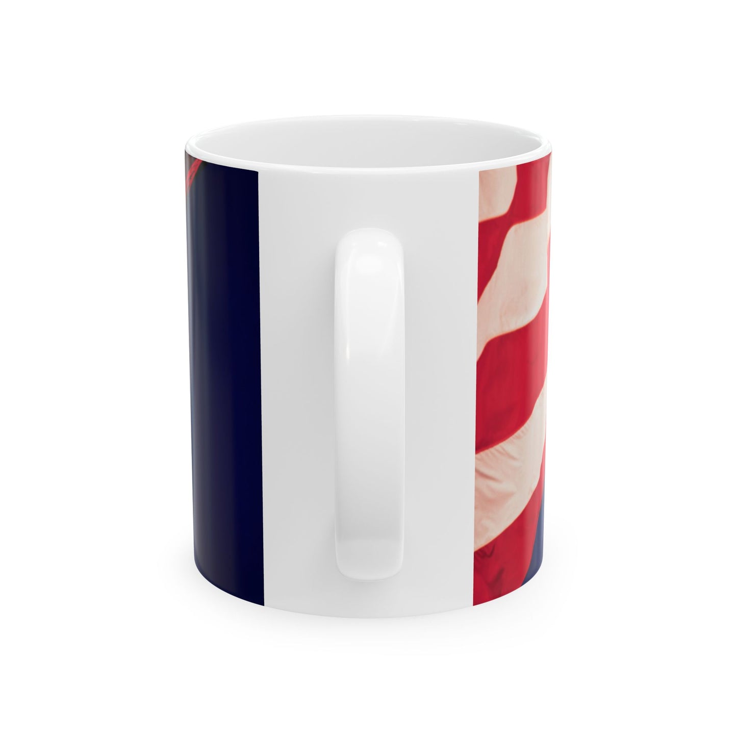 The Patriotic Colors of Red and White in the Stripes of the American Flag Wave Against a Deep Blue Sky, Perfect for an 11 or 15oz Mug.