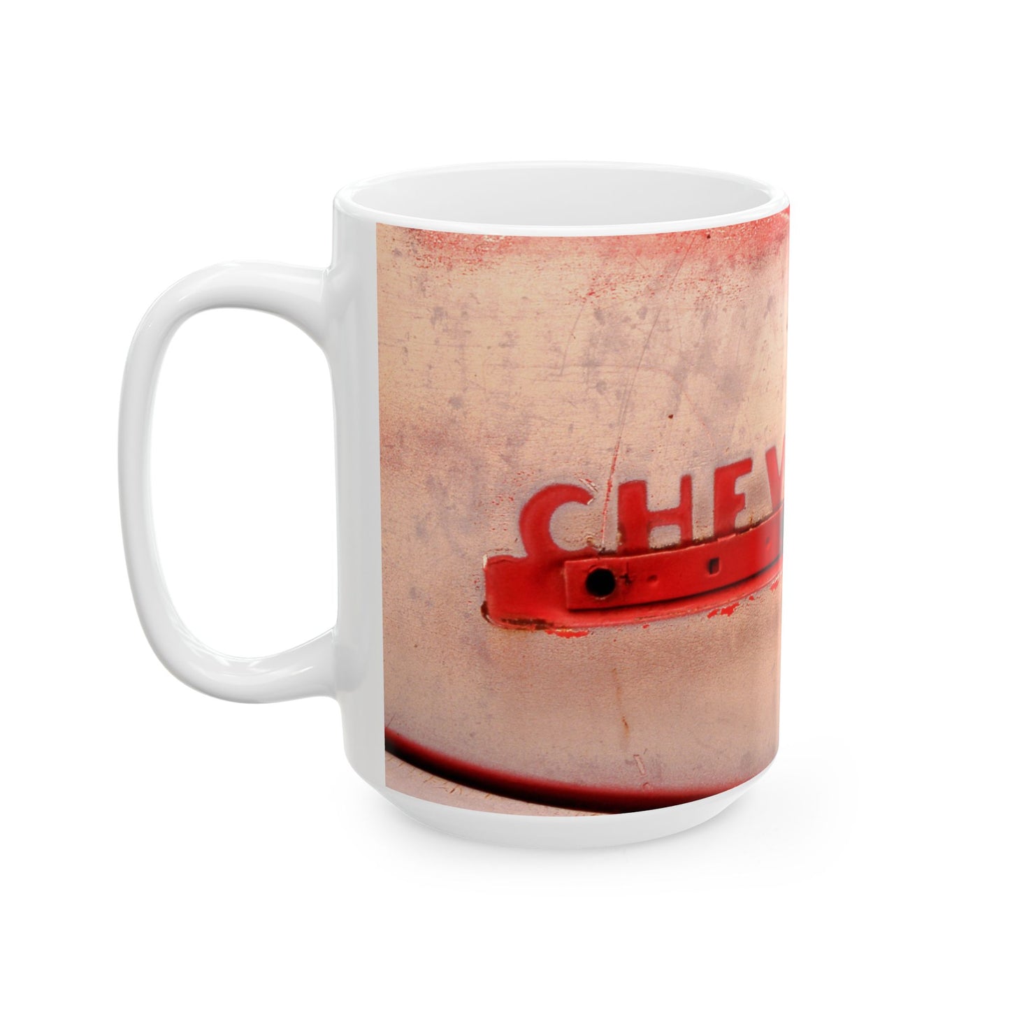 Chevrolet Thriftmaster Classic Car 1 Ton Pickup Truck Junkyard Find with Peeling Paint and Broken Logo for 11 or 15oz Ceramic Mugs.