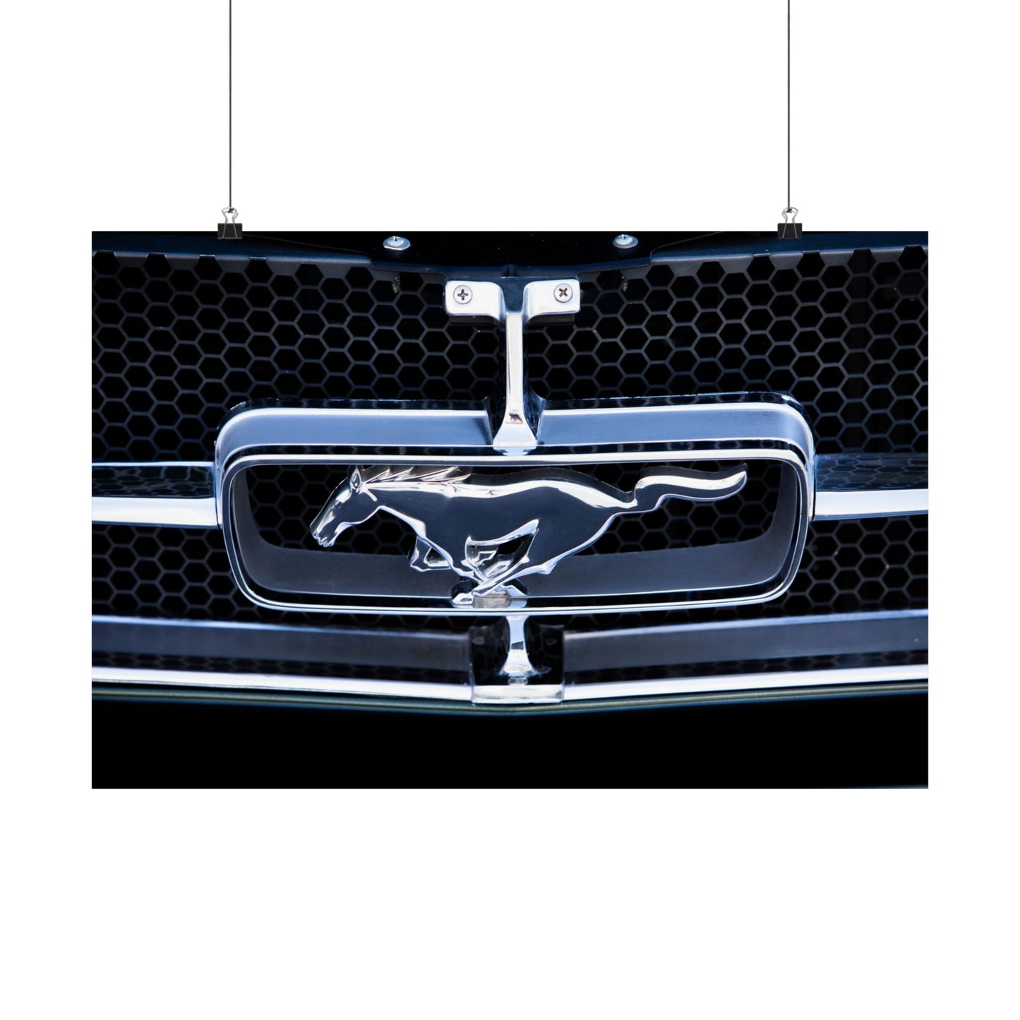 Ford Mustang classic muscle car chrome logo emblem for car lovers and motor heads' garages and man caves.
