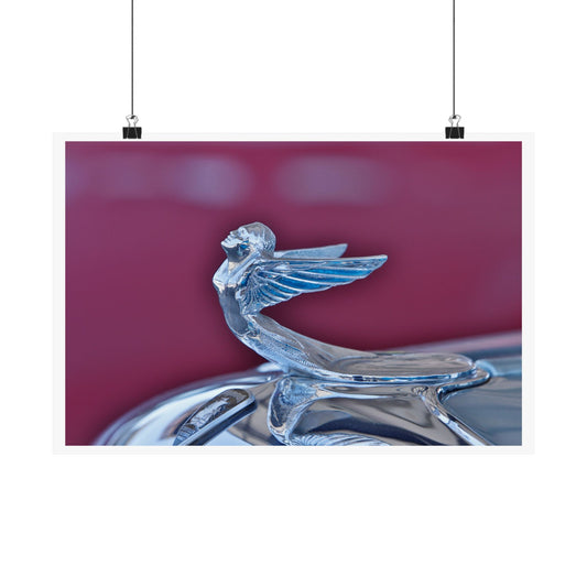 Plymouth classic car chrome 'Winged Lady' vintage hood ornament art print for garages, man caves, homes, and offices.