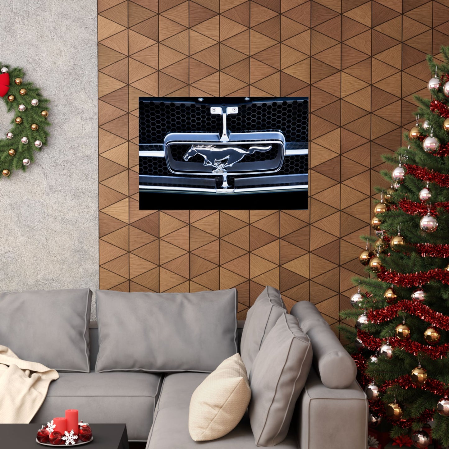 Ford Mustang classic muscle car chrome logo emblem for car lovers and motor heads' garages and man caves.