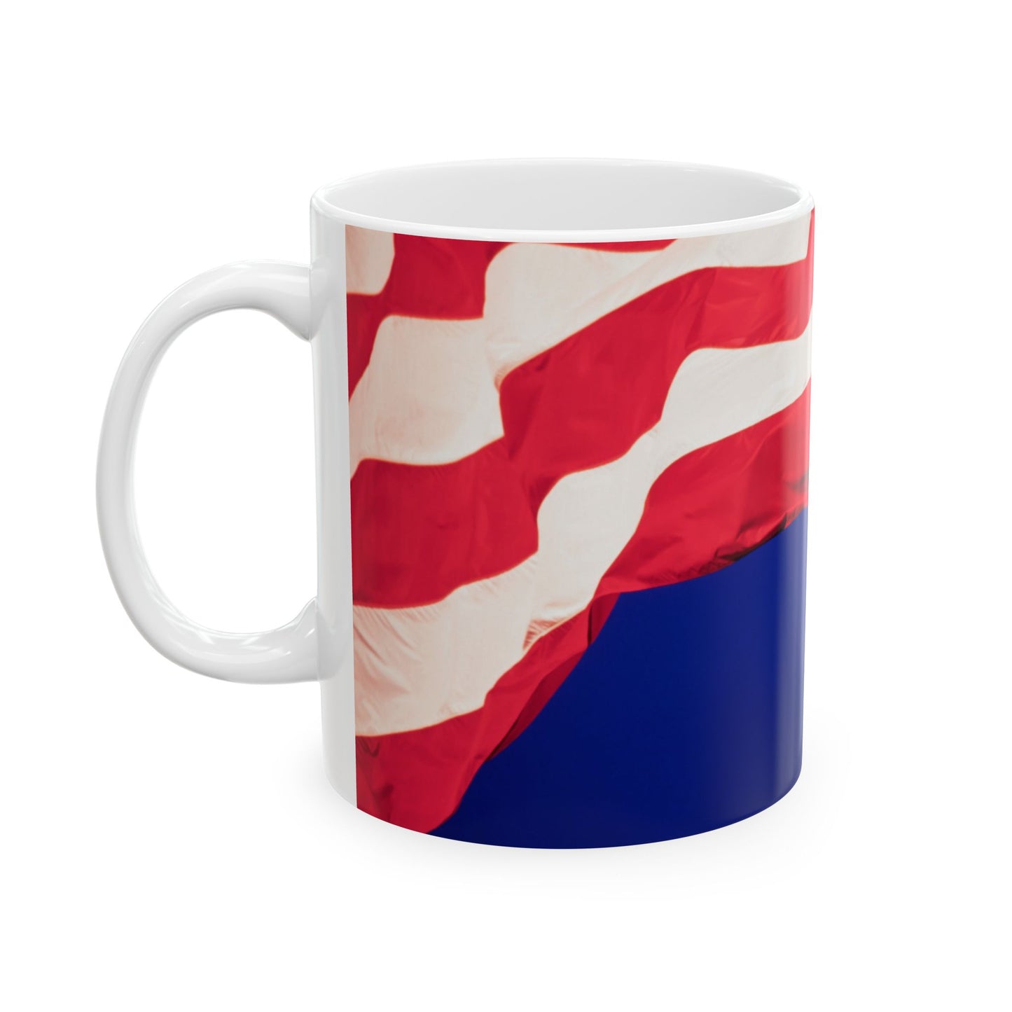 The Patriotic Colors of Red and White in the Stripes of the American Flag Wave Against a Deep Blue Sky, Perfect for an 11 or 15oz Mug.
