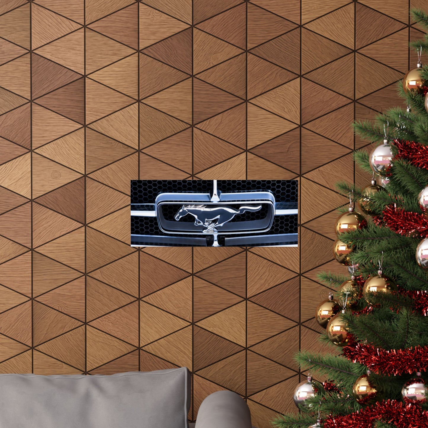 Ford Mustang classic muscle car chrome logo emblem for car lovers and motor heads' garages and man caves.