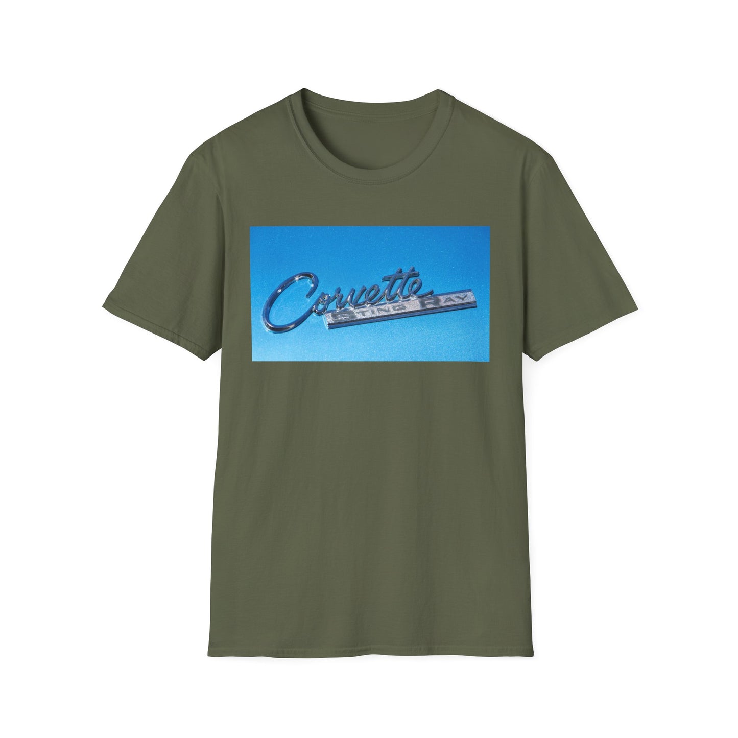 Corvette Stingray classic car chrome logo, silver on metal flake blue.