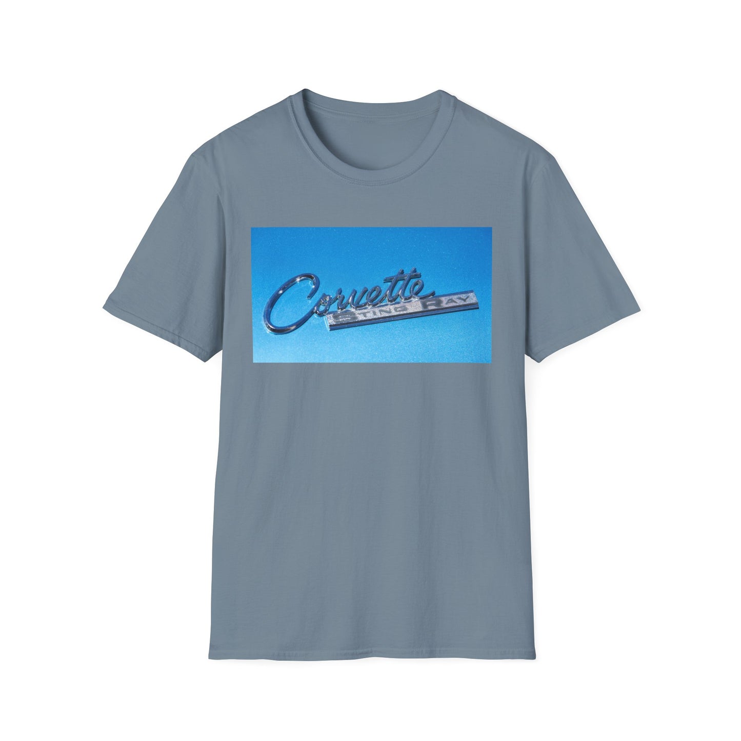 Corvette Stingray classic car chrome logo, silver on metal flake blue.