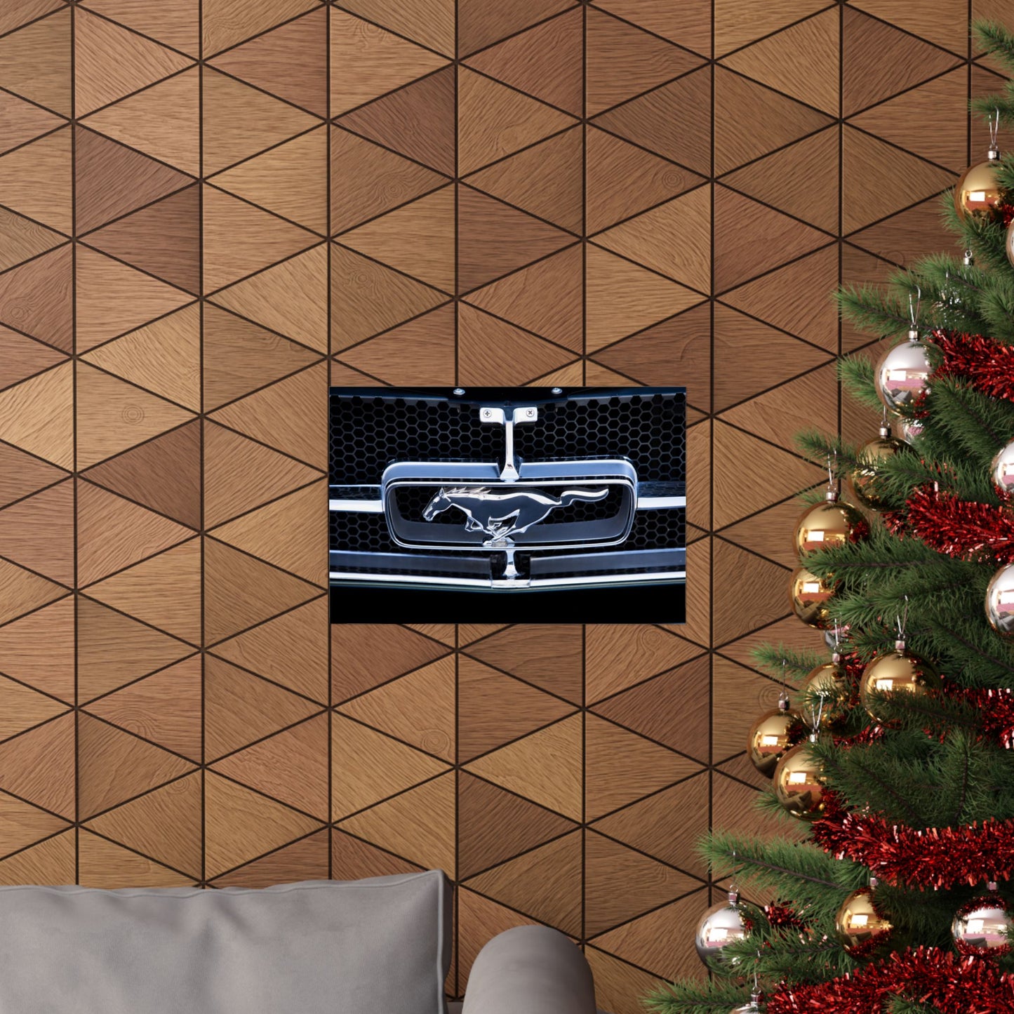 Ford Mustang classic muscle car chrome logo emblem for car lovers and motor heads' garages and man caves.