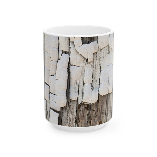 Dimensional design with peeling paint on dried wood ceramic mug, (11oz, 15oz)
