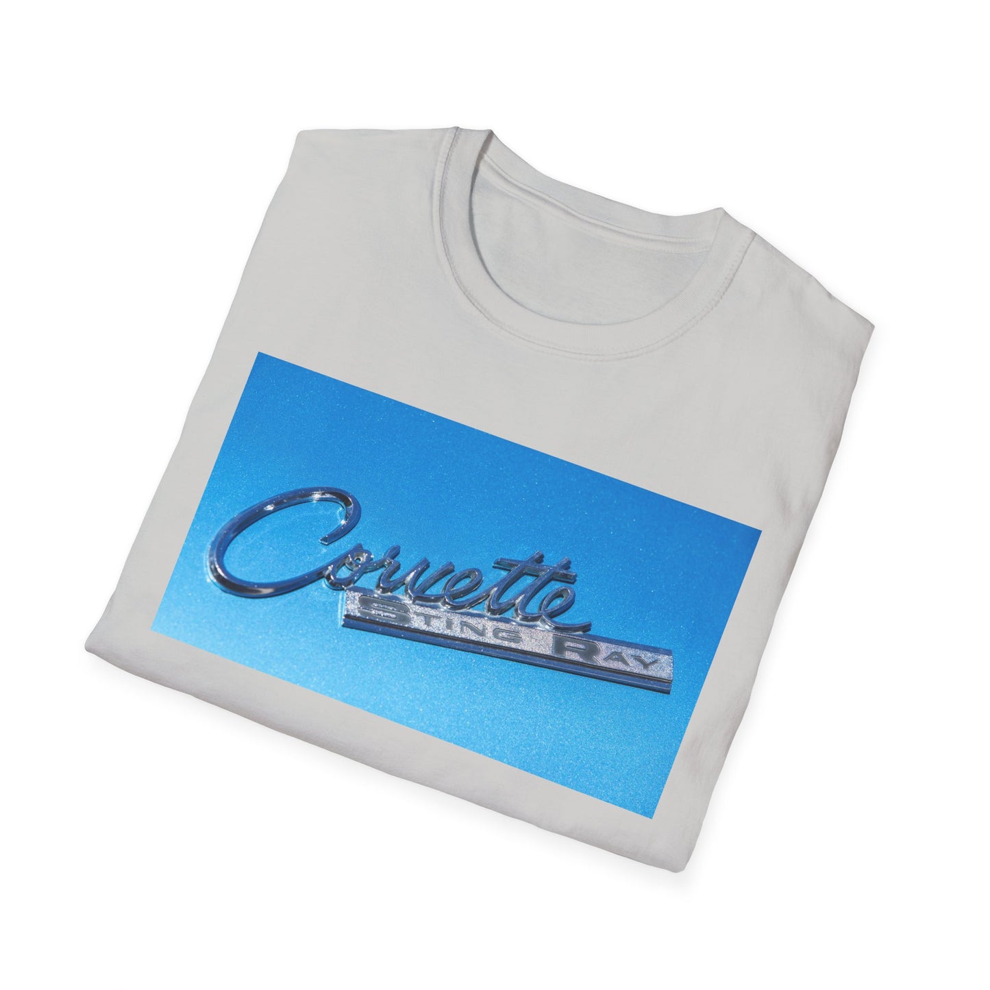 Corvette Stingray classic car chrome logo, silver on metal flake blue.