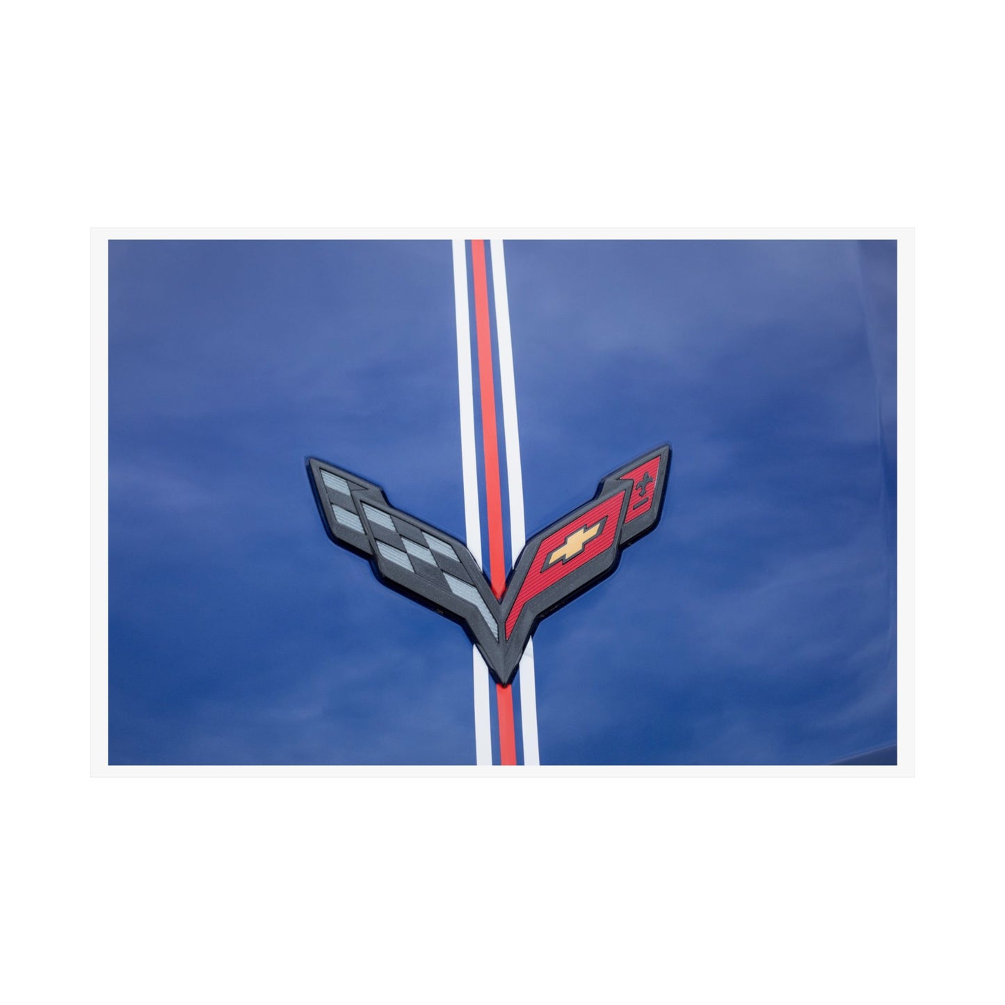 Chevrolet Corvette Stingray classic car logo emblem banner and hood ornament for car lovers' garages, man caves, and offices.