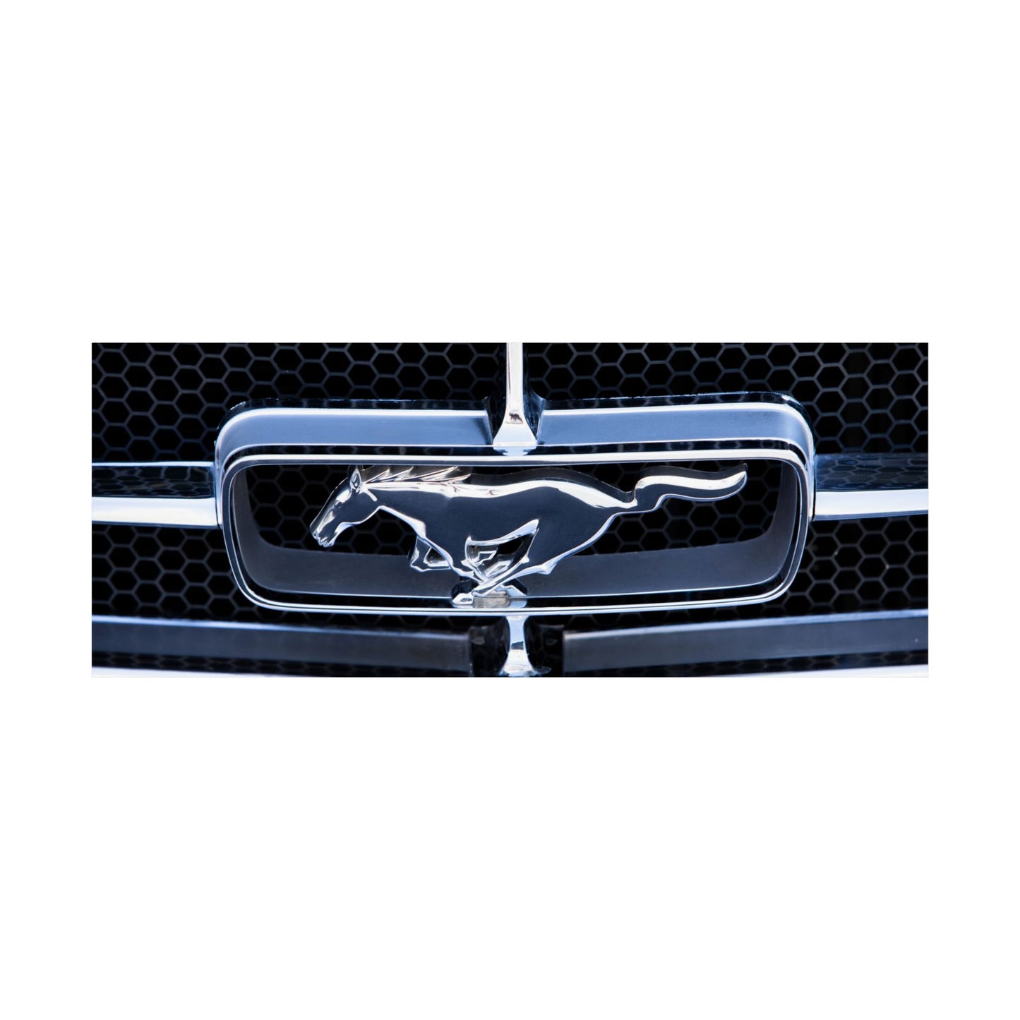Ford Mustang classic muscle car chrome logo emblem for car lovers and motor heads' garages and man caves.