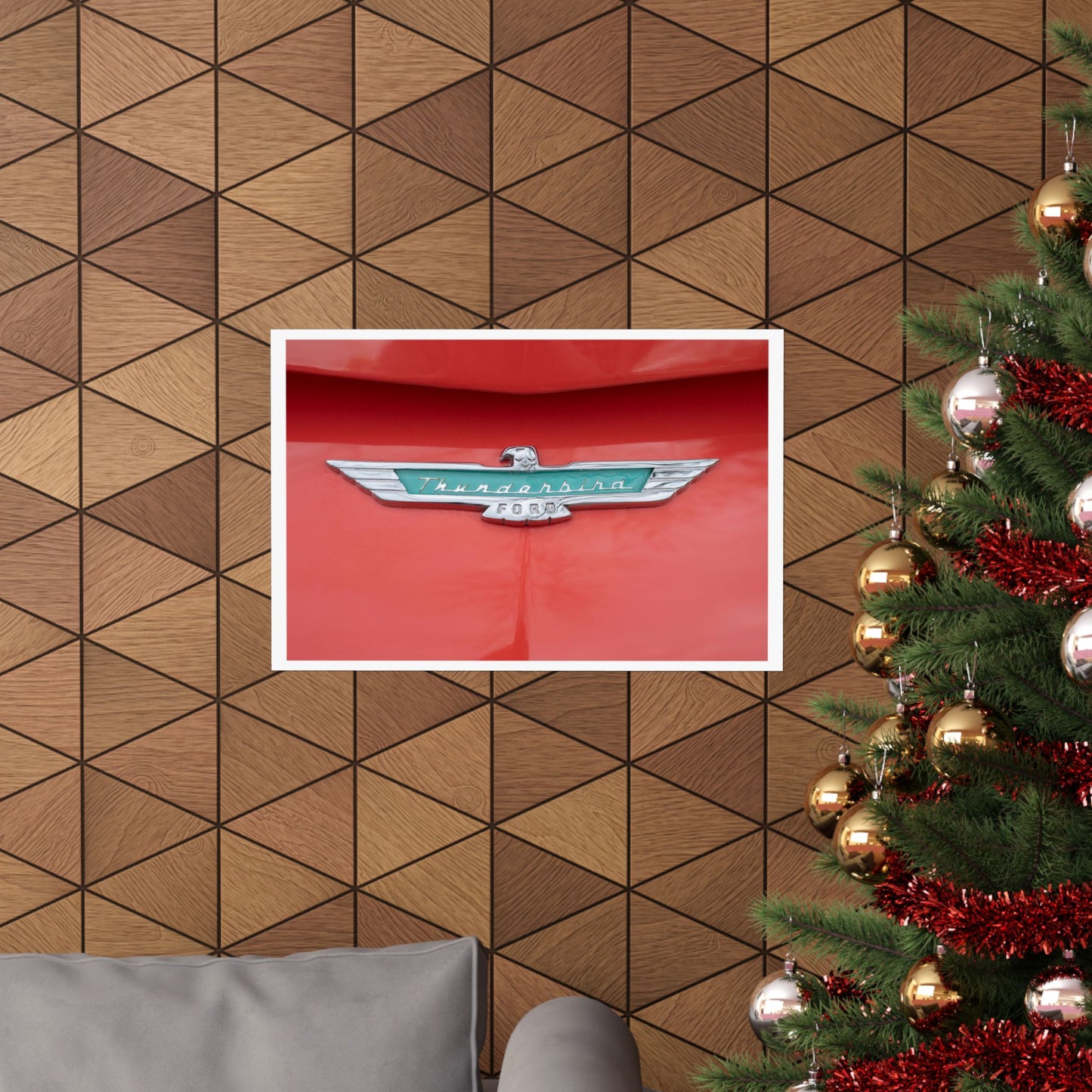 Ford Thunderbird classic car chrome logo emblem badge perfect art for car lovers' garages, man caves, or offices.