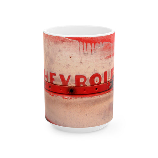 Chevrolet Thriftmaster Classic Car 1 Ton Pickup Truck Junkyard Find with Peeling Paint and Broken Logo for 11 or 15oz Ceramic Mugs.