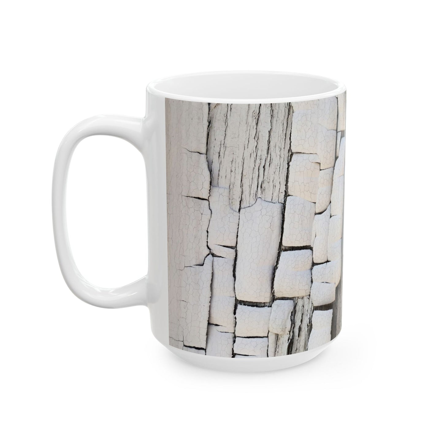 Dimensional design with peeling paint on dried wood ceramic mug, (11oz, 15oz)
