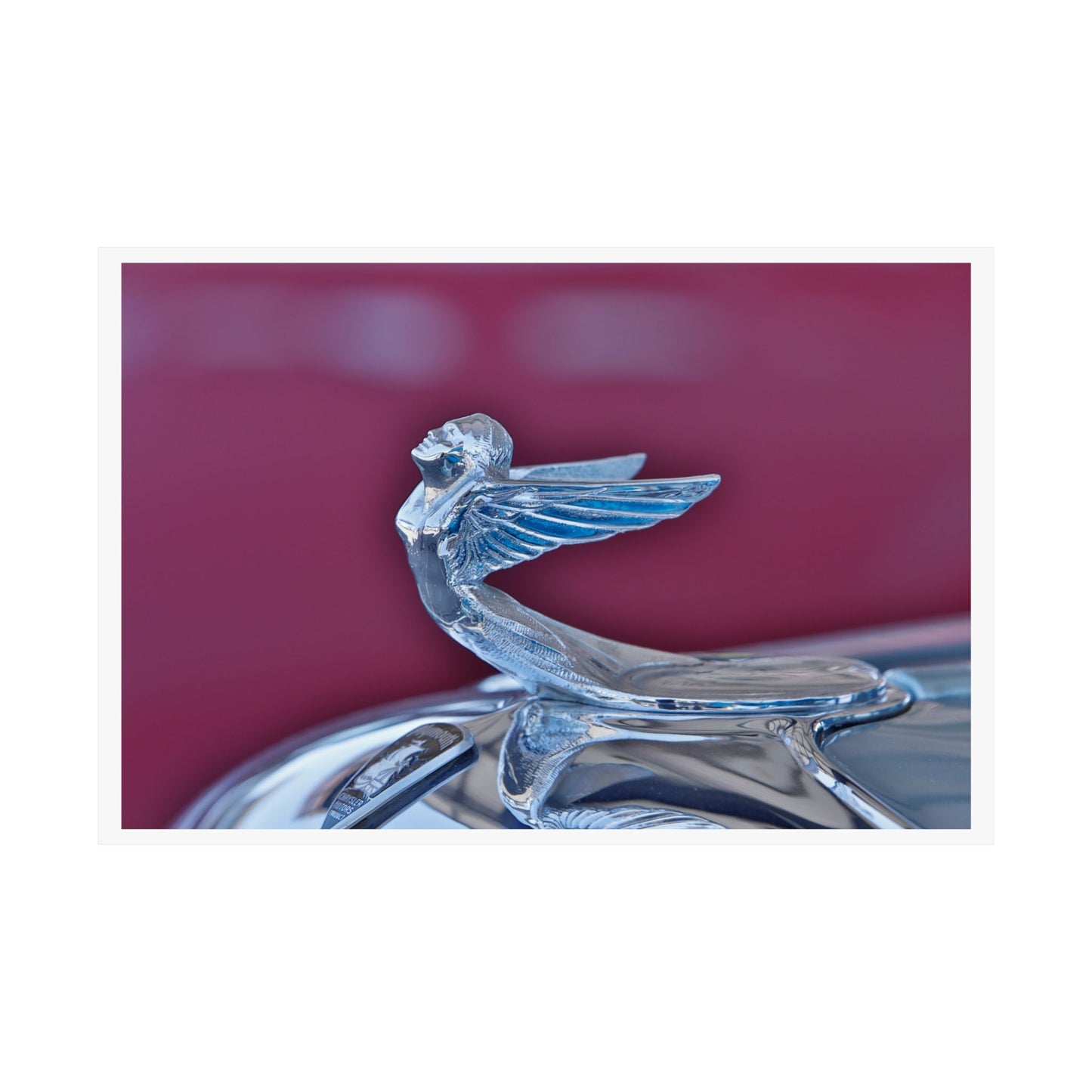 Plymouth classic car chrome 'Winged Lady' vintage hood ornament art print for garages, man caves, homes, and offices.
