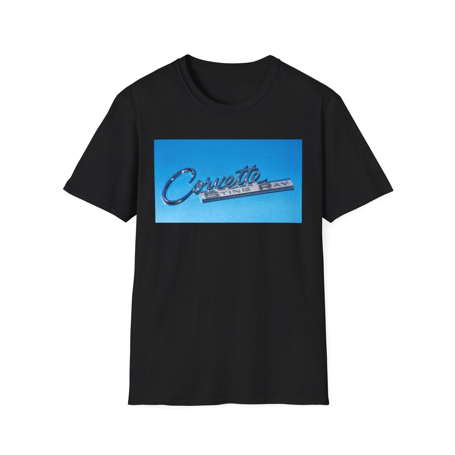 Corvette Stingray classic car chrome logo, silver on metal flake blue.
