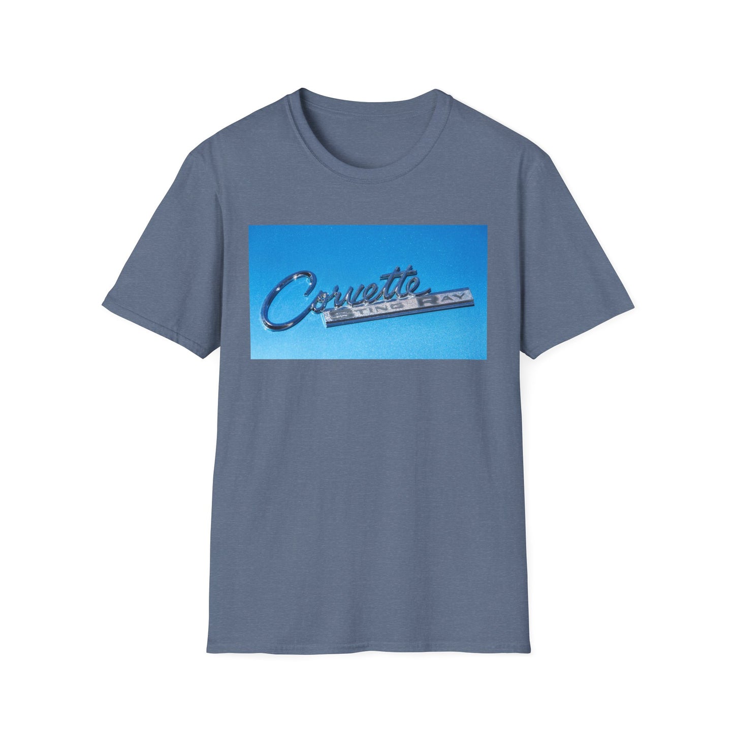 Corvette Stingray classic car chrome logo, silver on metal flake blue.