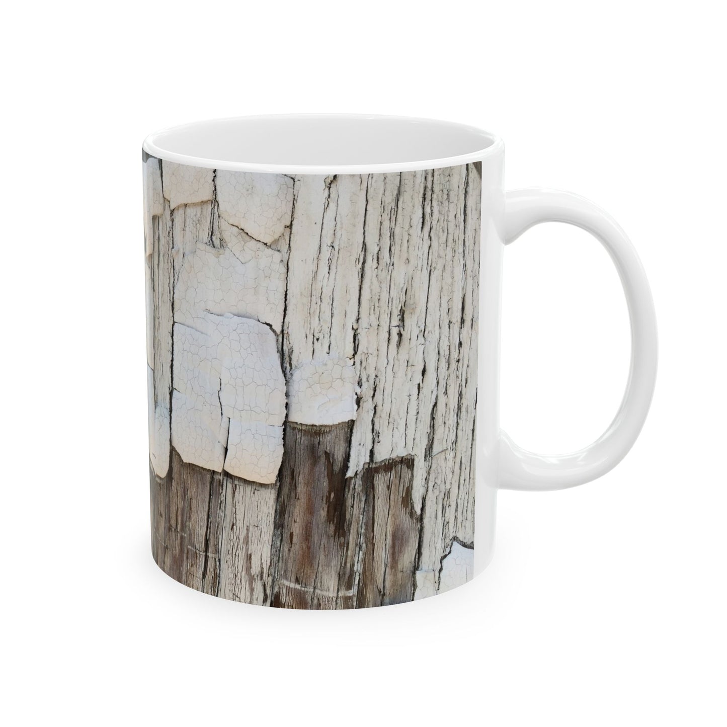 Dimensional design with peeling paint on dried wood ceramic mug, (11oz, 15oz)