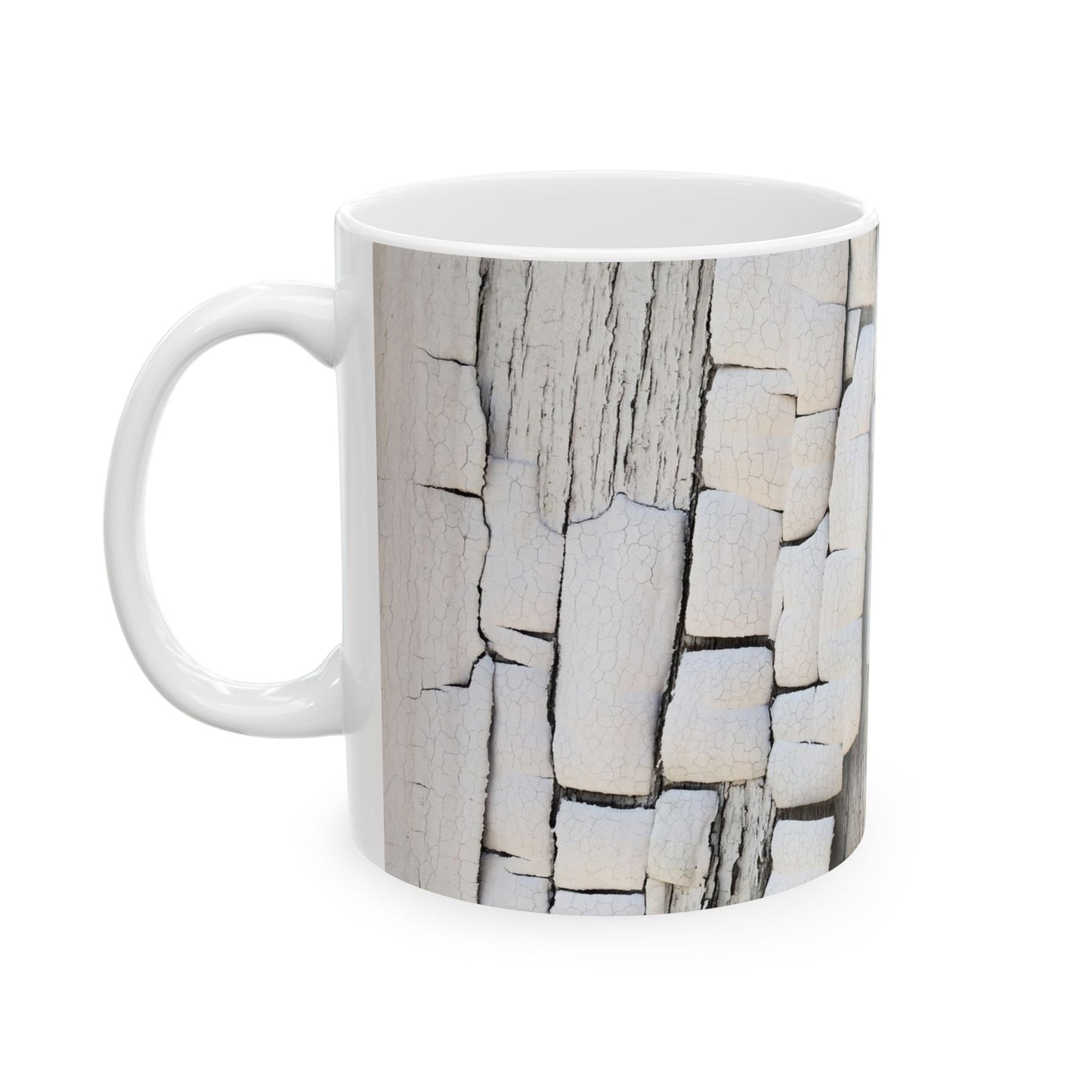 Dimensional design with peeling paint on dried wood ceramic mug, (11oz, 15oz)