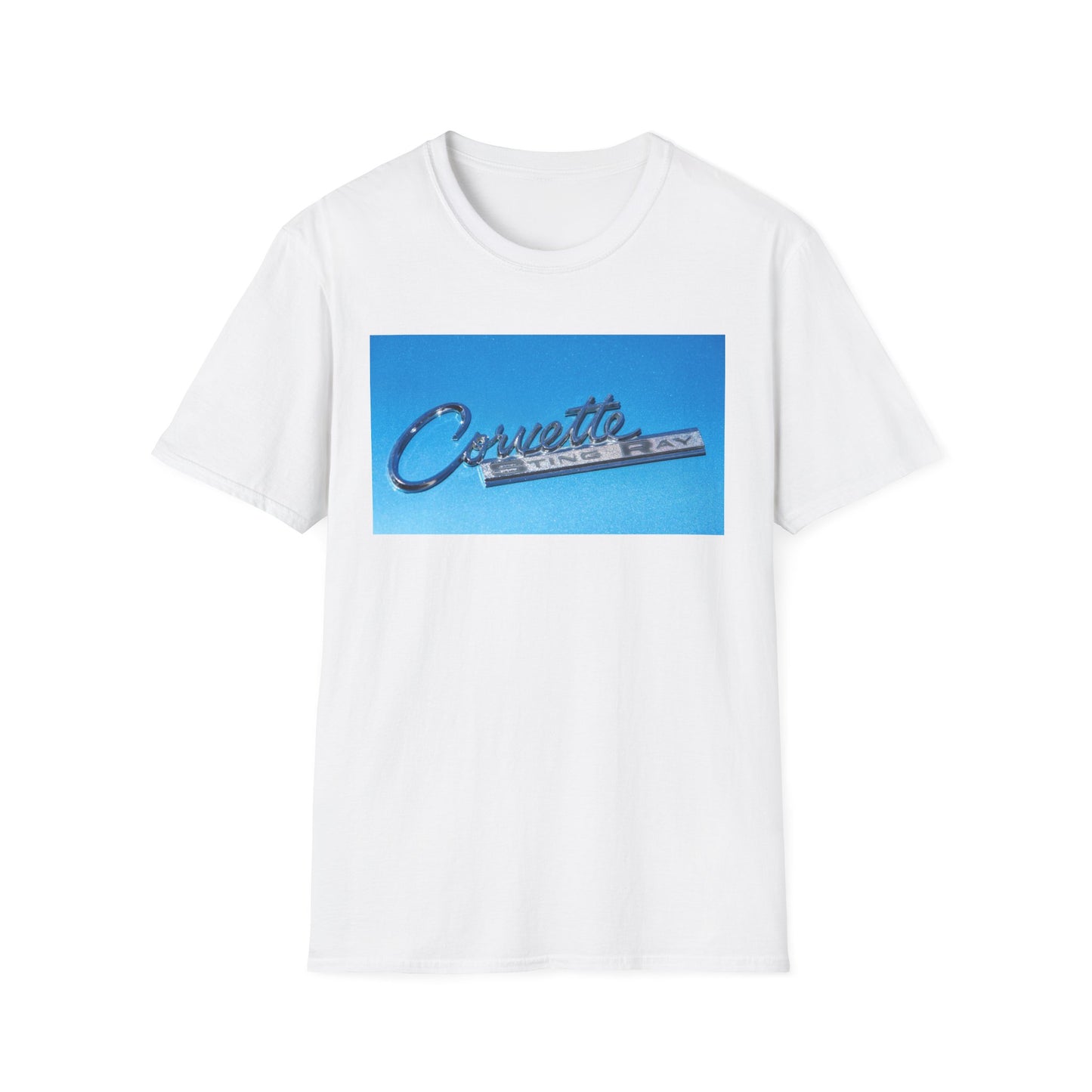 Corvette Stingray classic car chrome logo, silver on metal flake blue.