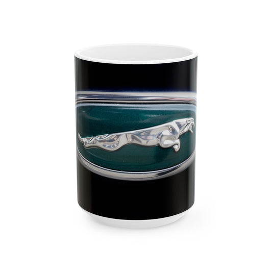 Ceramic Mug, Classic Car Leaping Jaguar Chrome Logo, Retro Coffee Cup, Vintage Tea Mug, Car Enthusiast Gift, Automotive Design Drinkware,
