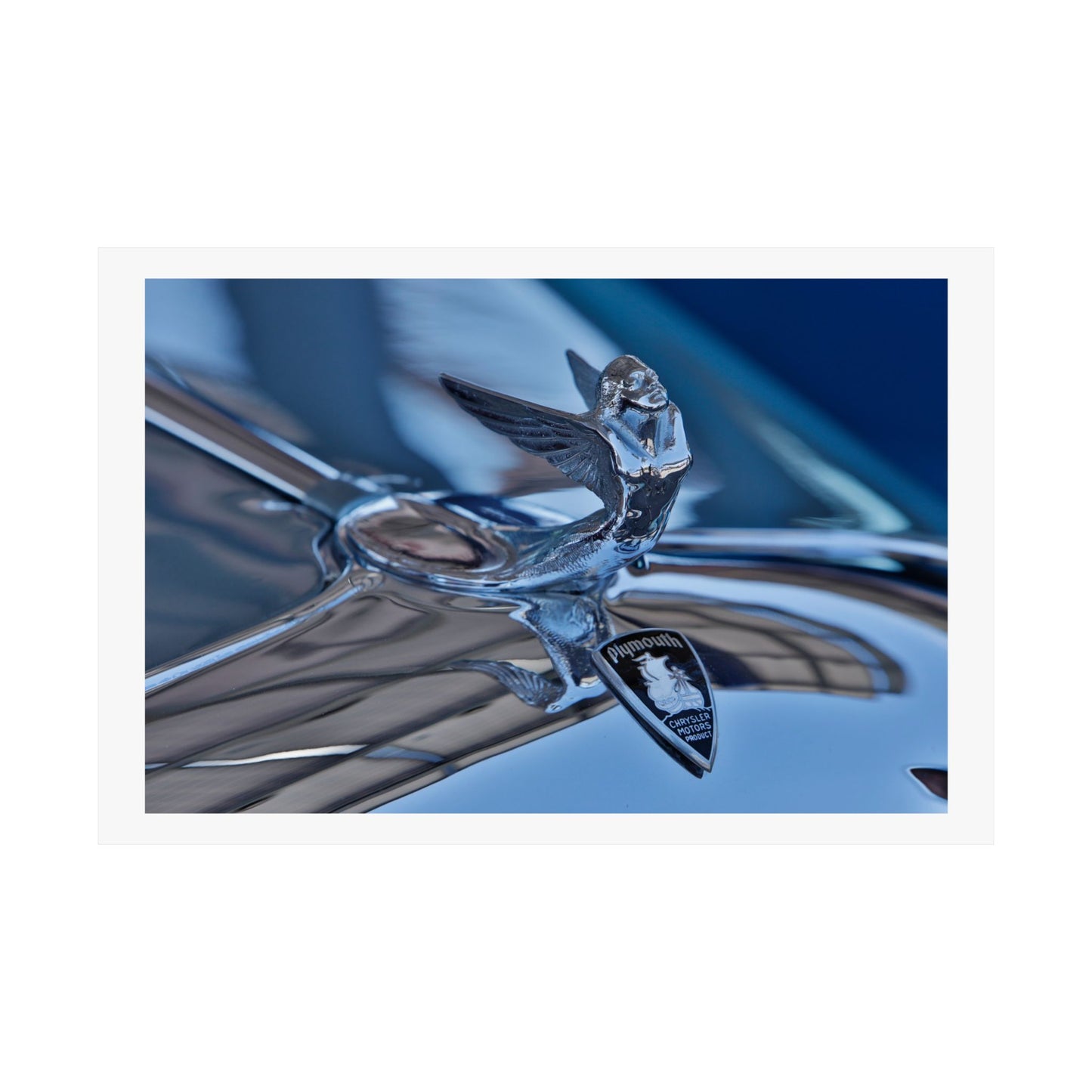 Plymouth Chrysler Motors classic car chrome 'Winged Lady' hood ornament car lover art for garage, man cave, home, or office.