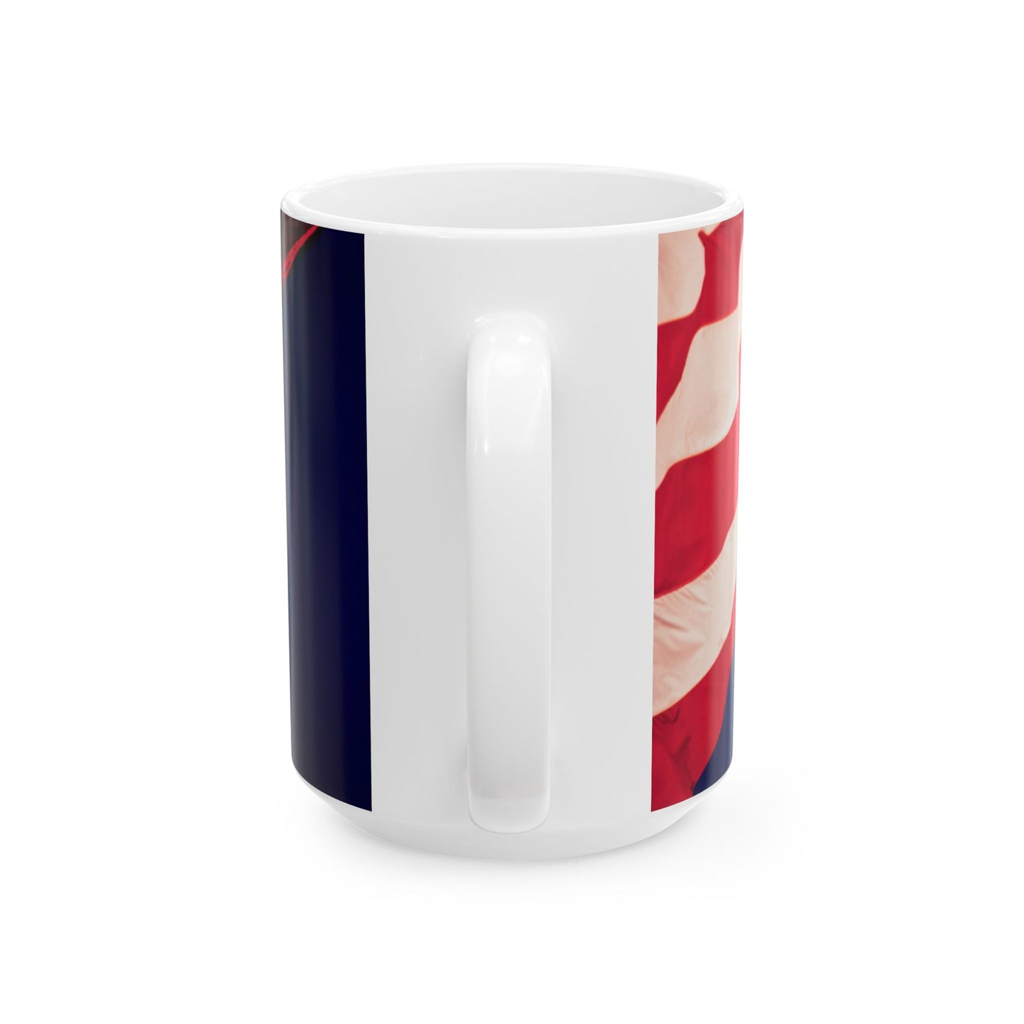 The Patriotic Colors of Red and White in the Stripes of the American Flag Wave Against a Deep Blue Sky, Perfect for an 11 or 15oz Mug.