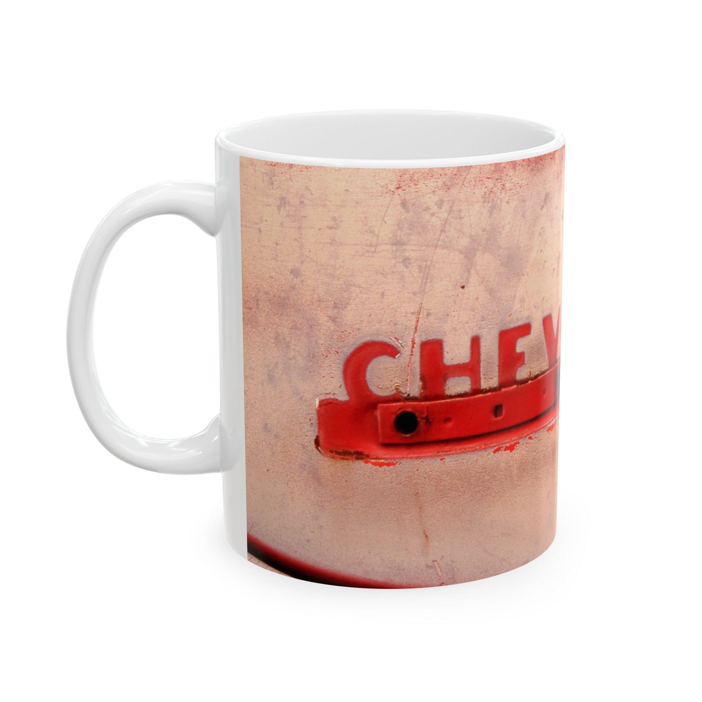 Chevrolet Thriftmaster Classic Car 1 Ton Pickup Truck Junkyard Find with Peeling Paint and Broken Logo for 11 or 15oz Ceramic Mugs.