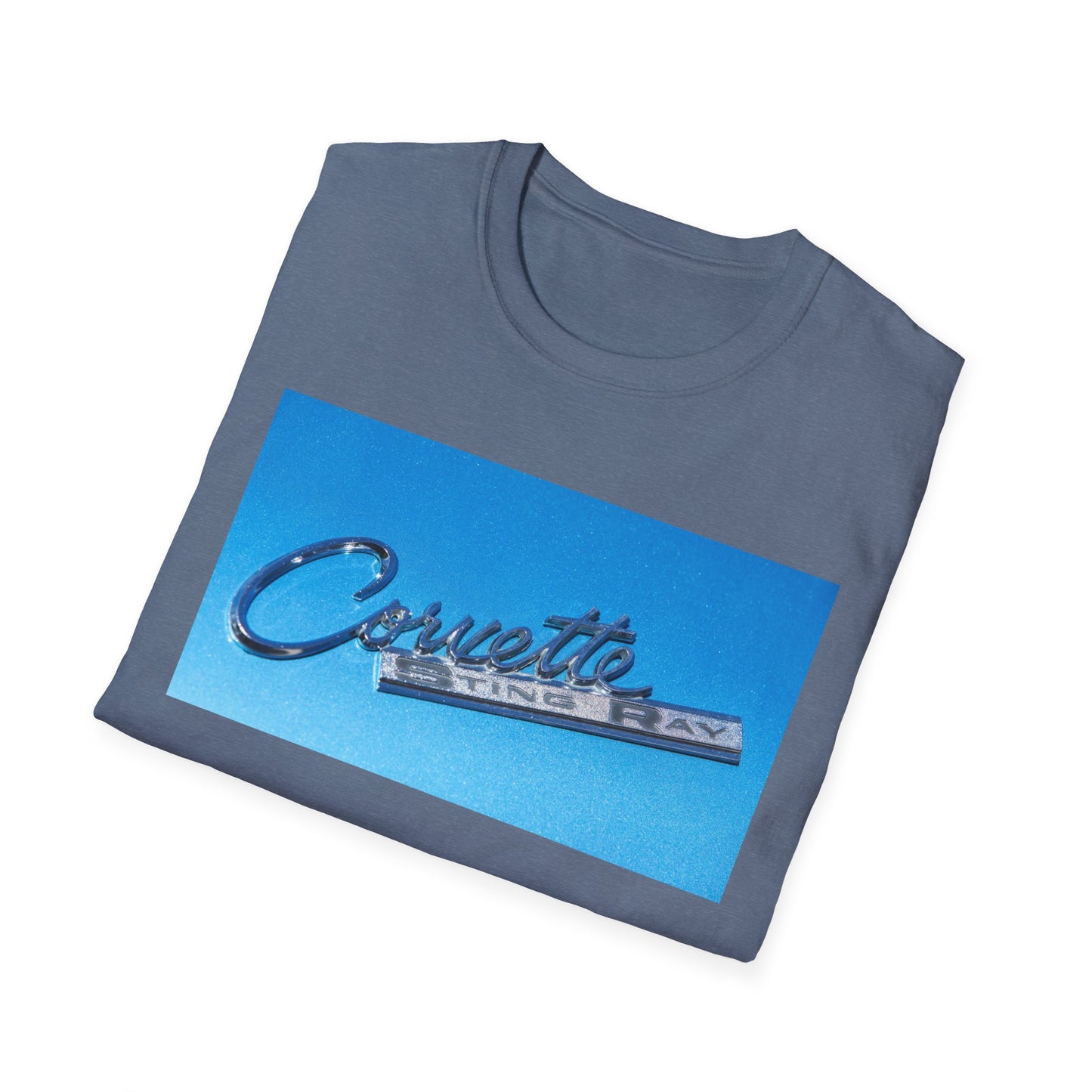 Corvette Stingray classic car chrome logo, silver on metal flake blue.