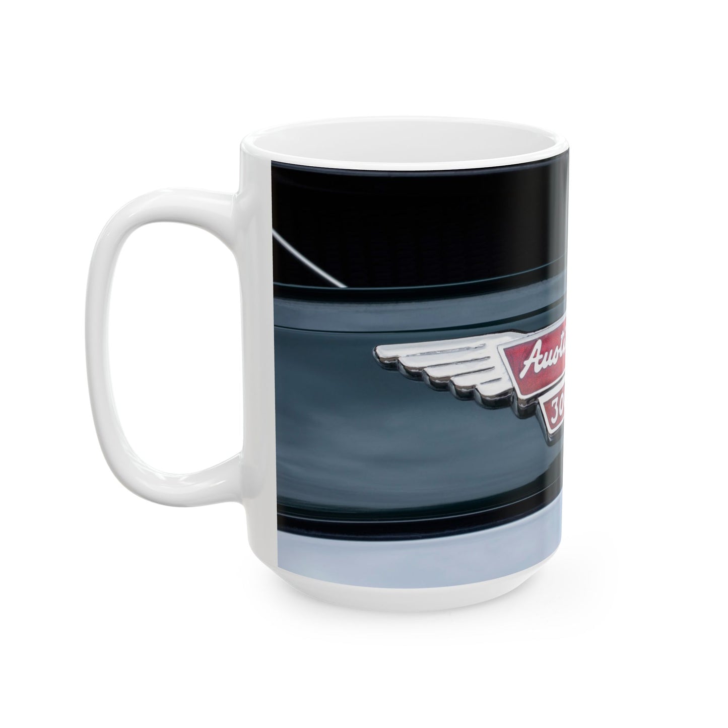 Classic Austin Healey 3000 Mk III classic car chrome logo for 11 or 15oz ceramic cups or mugs.