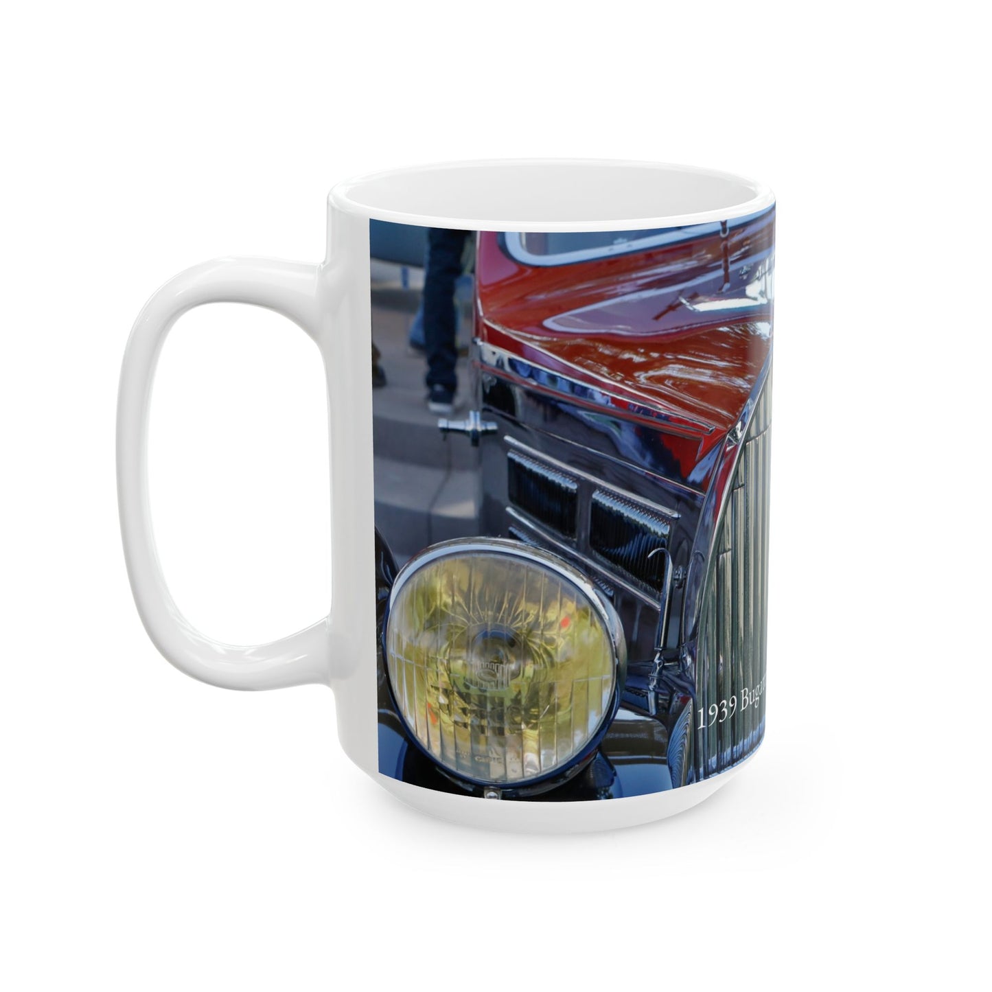 1939 Bugatti Type 57C Atalante Classic Car Chrome Grill, Badge Emblem Logo and Front End Headlights Ready for Your 11 or 15oz Ceramic Mug.