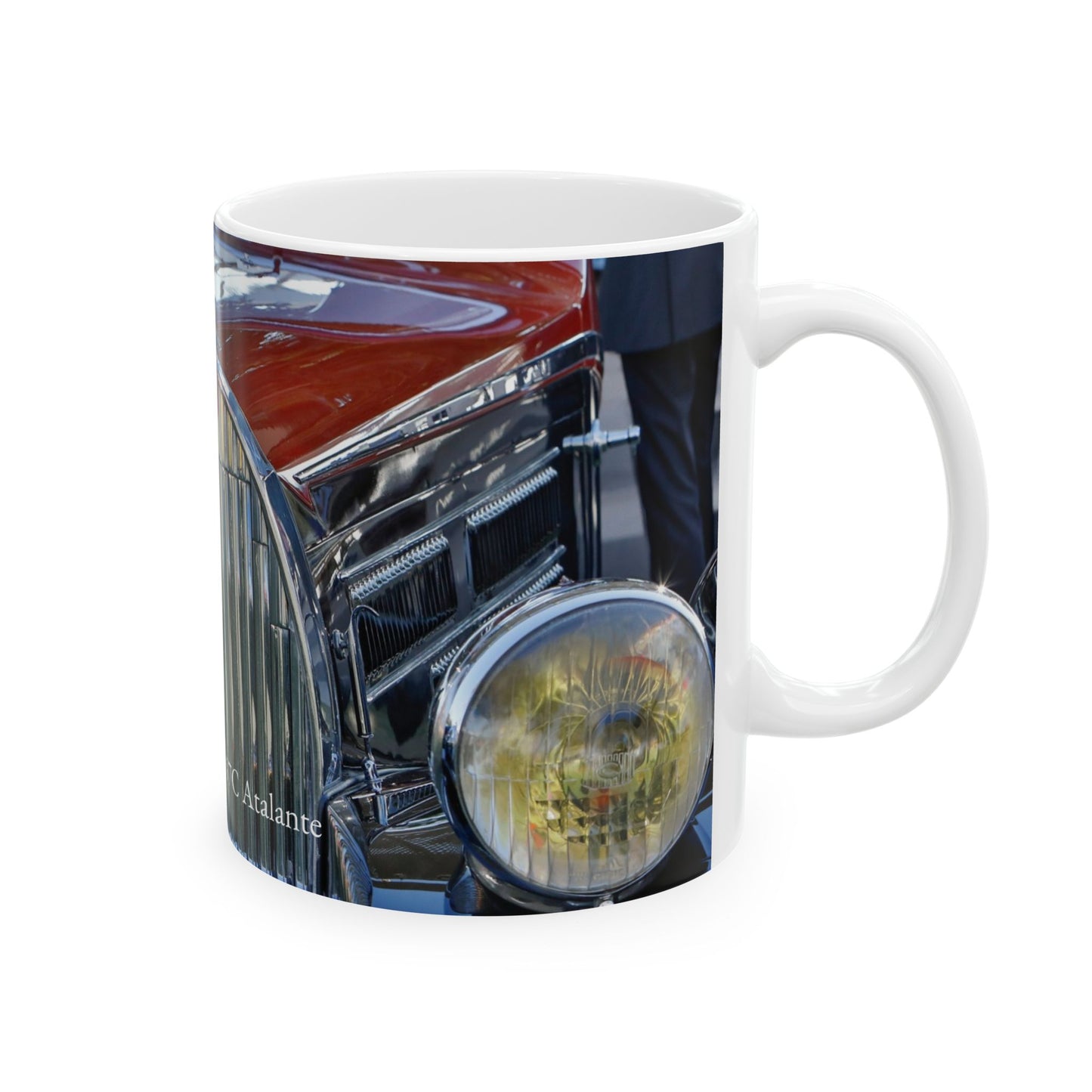 1939 Bugatti Type 57C Atalante Classic Car Chrome Grill, Badge Emblem Logo and Front End Headlights Ready for Your 11 or 15oz Ceramic Mug.
