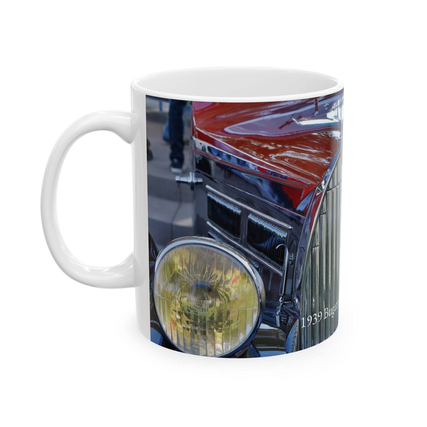 1939 Bugatti Type 57C Atalante Classic Car Chrome Grill, Badge Emblem Logo and Front End Headlights Ready for Your 11 or 15oz Ceramic Mug.