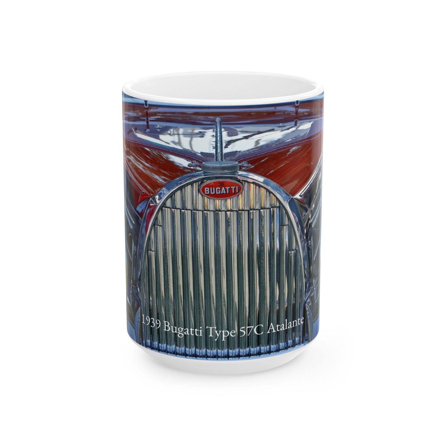 1939 Bugatti Type 57C Atalante Classic Car Chrome Grill, Badge Emblem Logo and Front End Headlights Ready for Your 11 or 15oz Ceramic Mug.