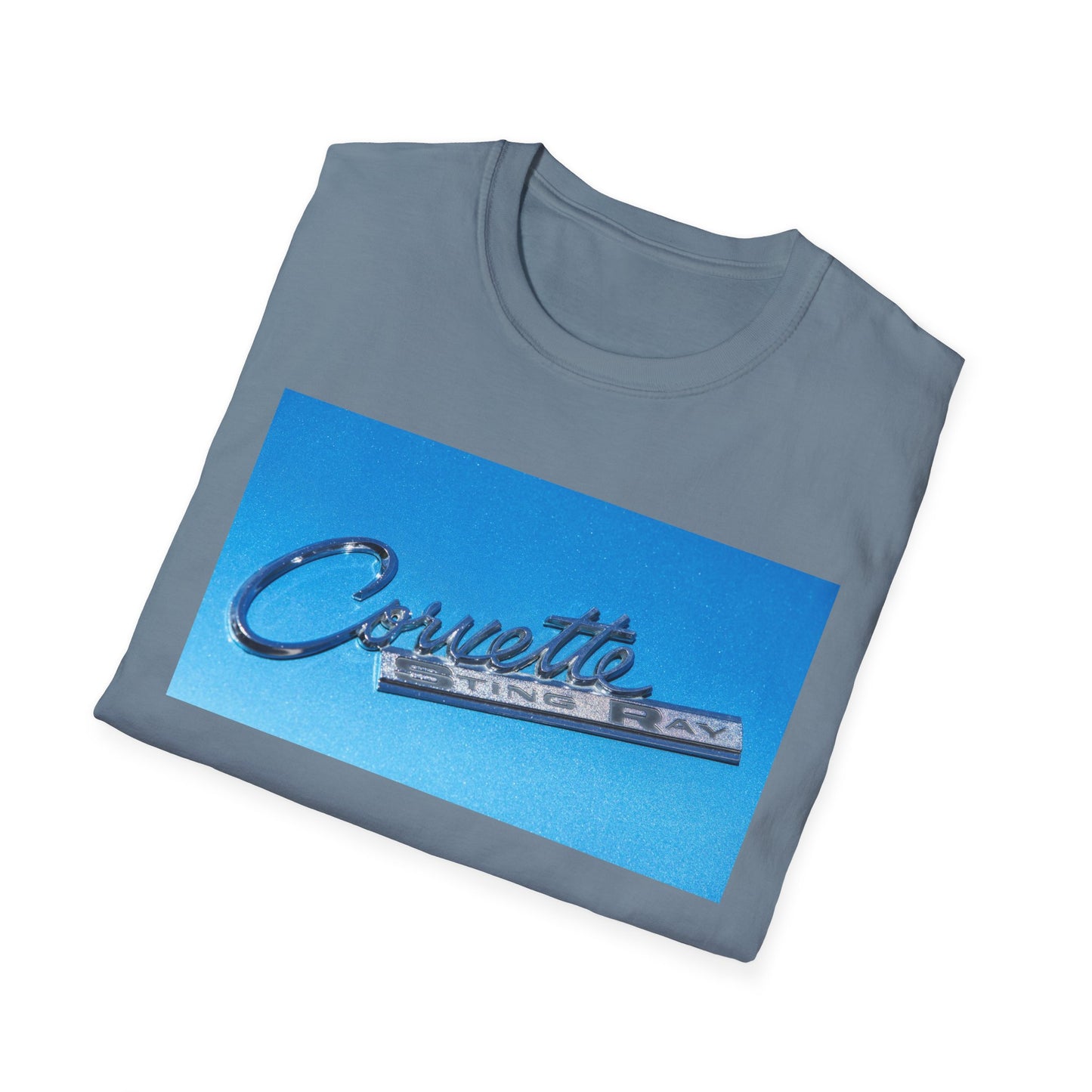 Corvette Stingray classic car chrome logo, silver on metal flake blue.