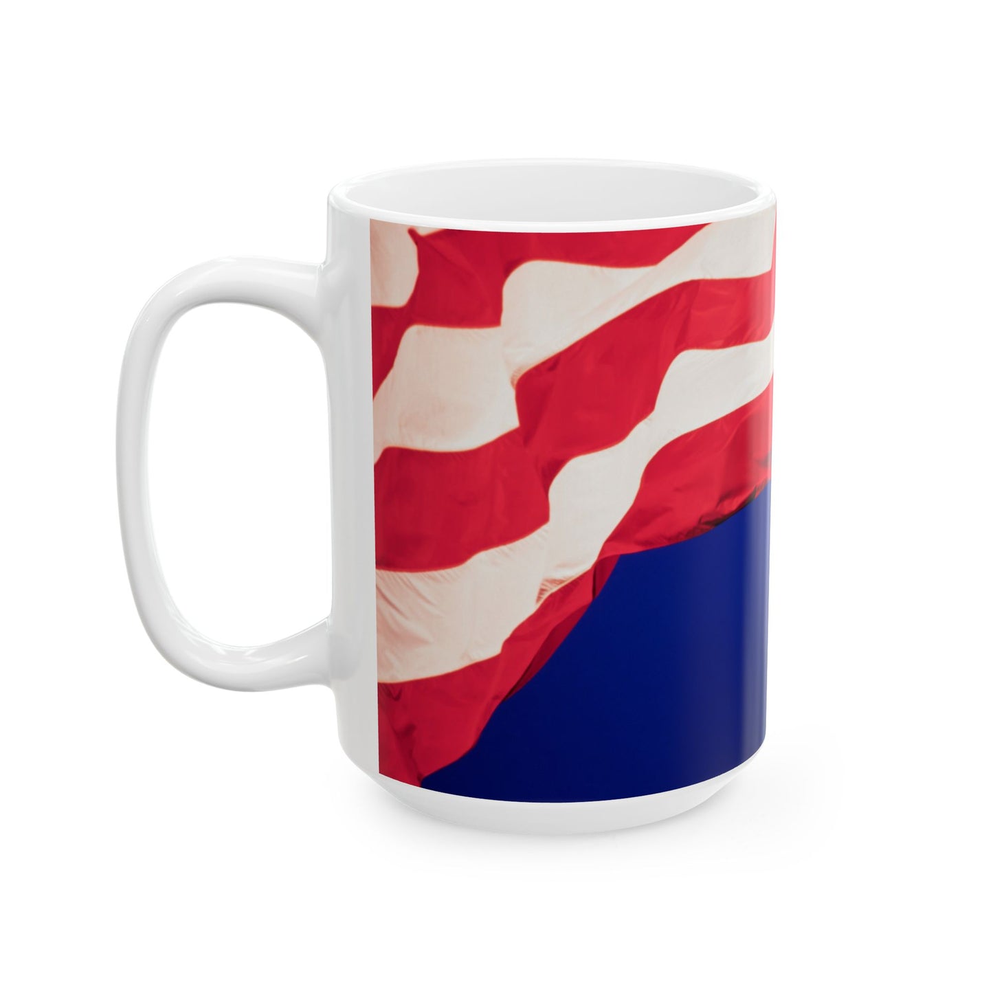 The Patriotic Colors of Red and White in the Stripes of the American Flag Wave Against a Deep Blue Sky, Perfect for an 11 or 15oz Mug.
