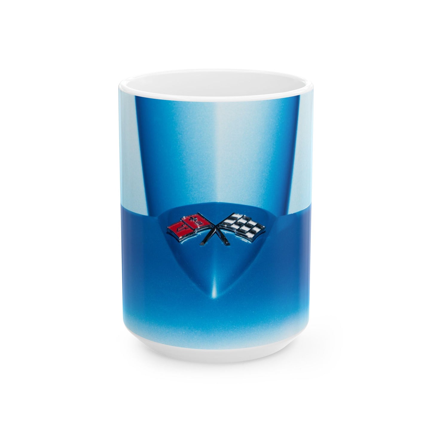 Chevrolet Corvette Classic Car Badge on an 11 or 15oz Ceramic Mug, a Perfect Gift for Your Favorite Car Guy.