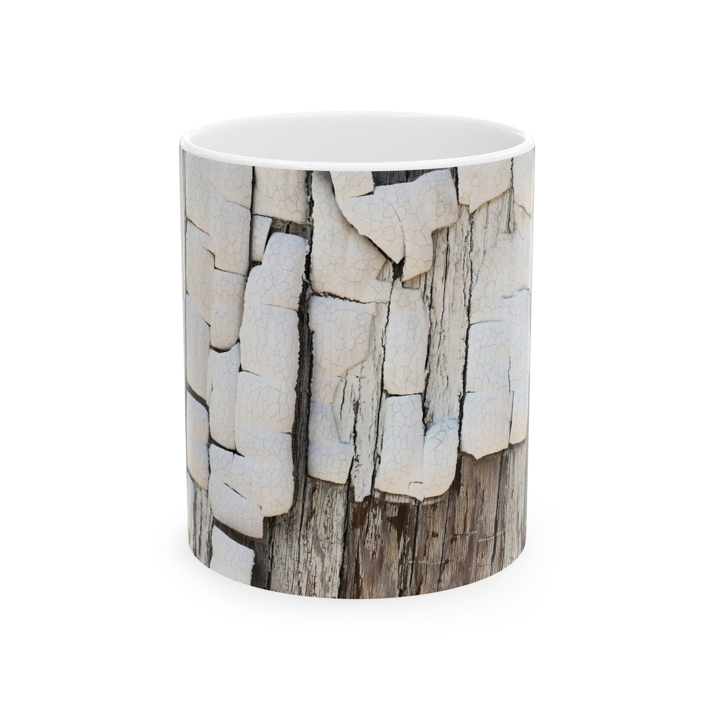 Dimensional design with peeling paint on dried wood ceramic mug, (11oz, 15oz)