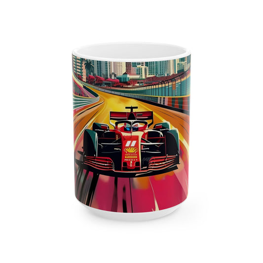 Colorful Tropical Racing Cityscape Abstract Artwork, Ready to Adorn Your New Favorite, 11 or 15oz Ceramic Mug.
