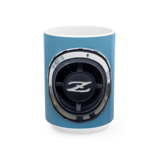 Datsun classic Z-car chrome logo for collectible auto 11 or 15oz cups or mugs.