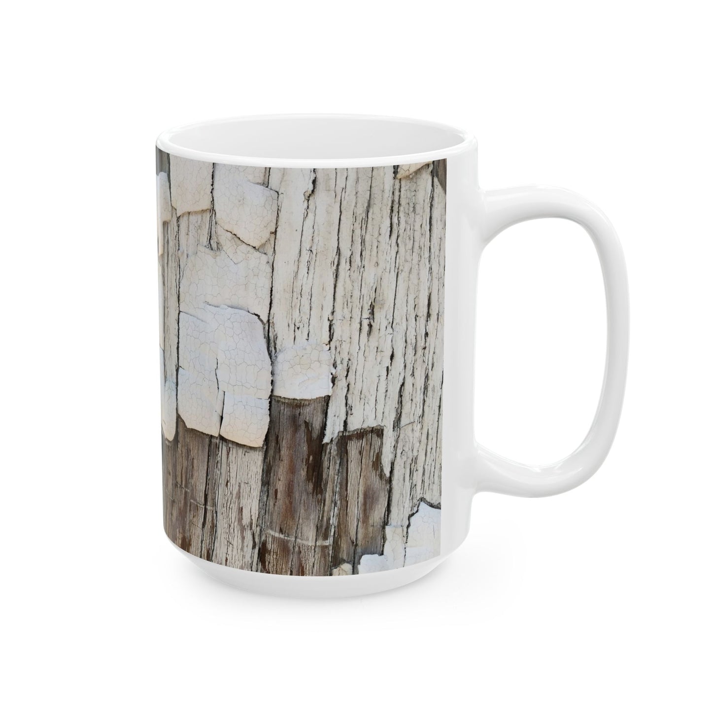 Dimensional design with peeling paint on dried wood ceramic mug, (11oz, 15oz)