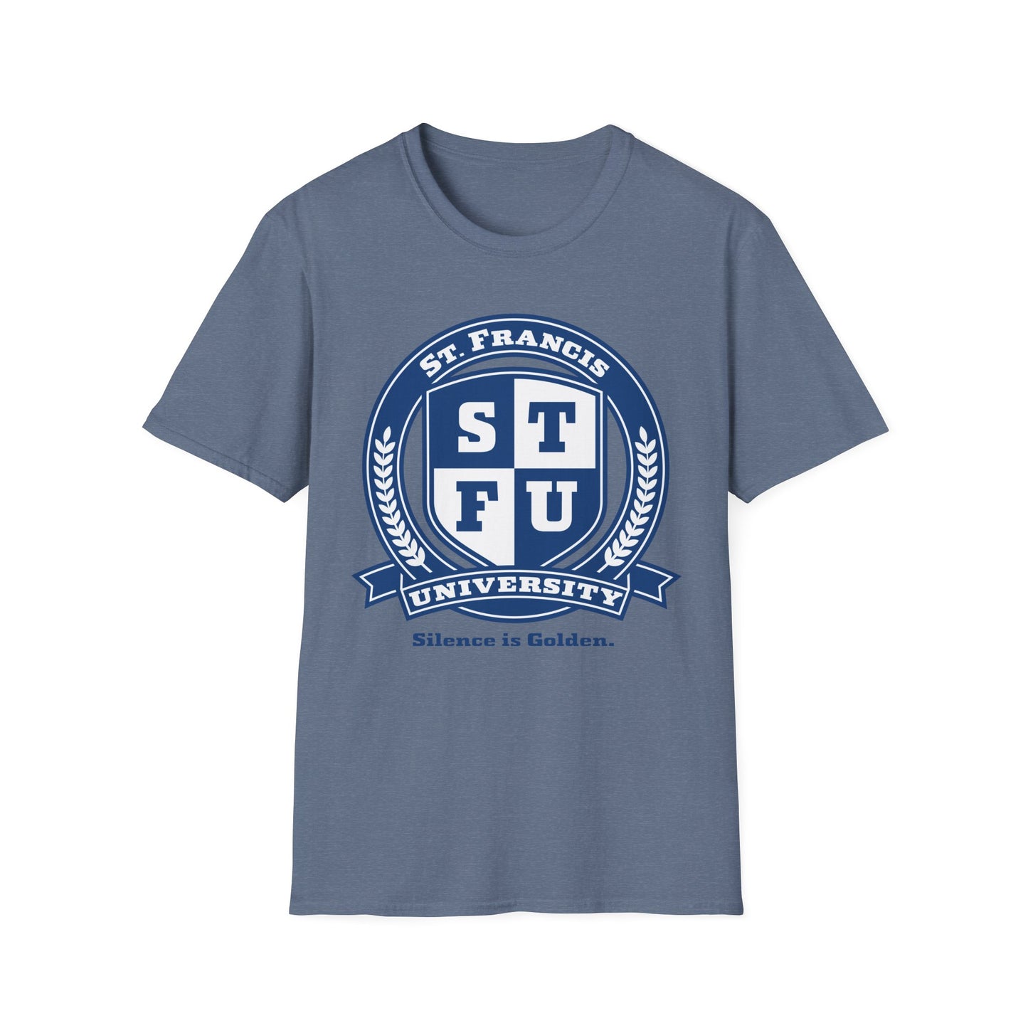 STFU St. Francis University Fictional Crest Plays on Contemporary T-Shirt Abbreviation and Adornment