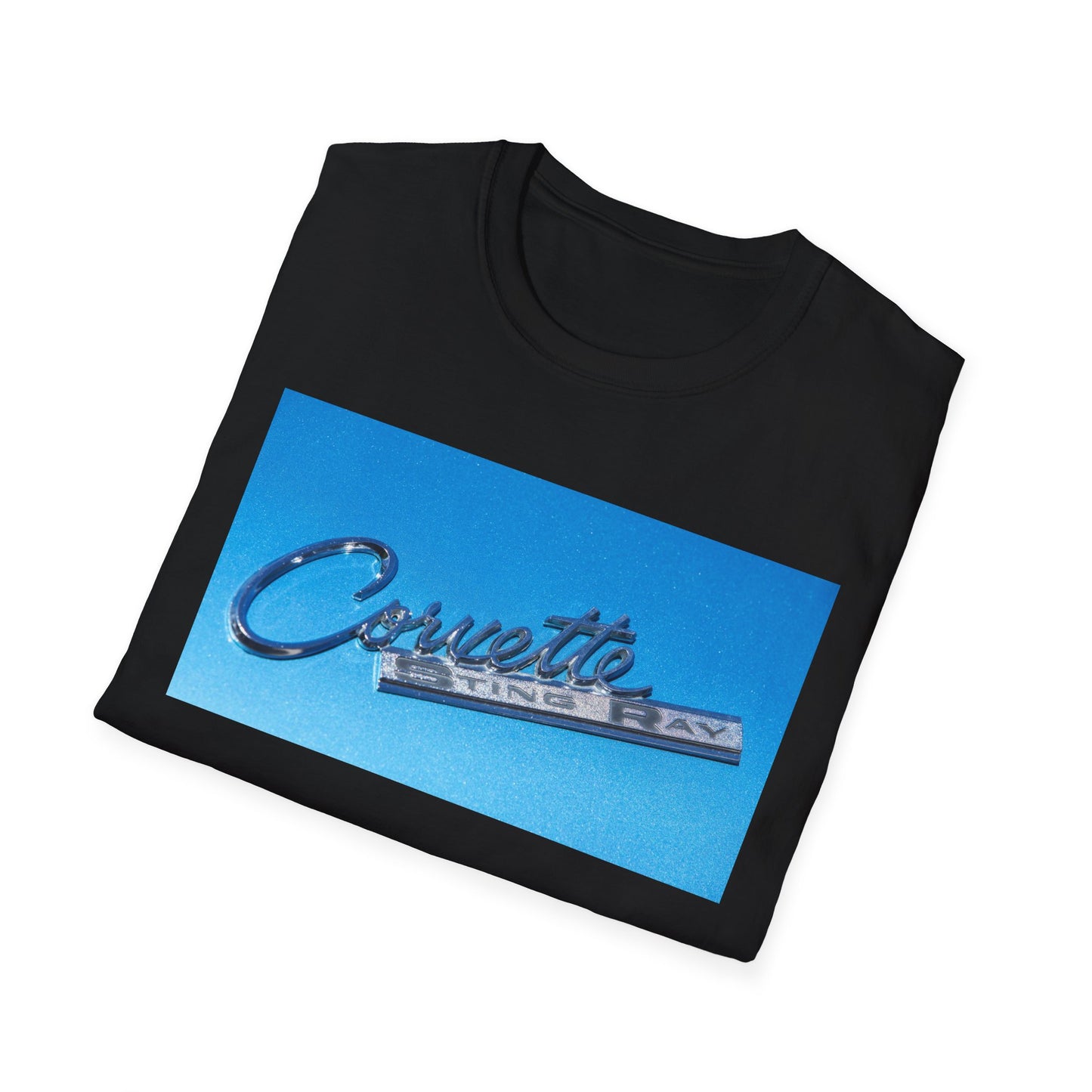 Corvette Stingray classic car chrome logo, silver on metal flake blue.