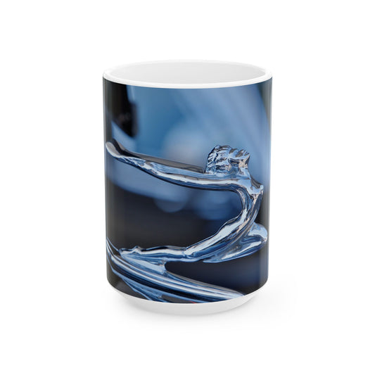 Vintage chrome classic car hood ornament for 11 or 15oz ceramic mugs.