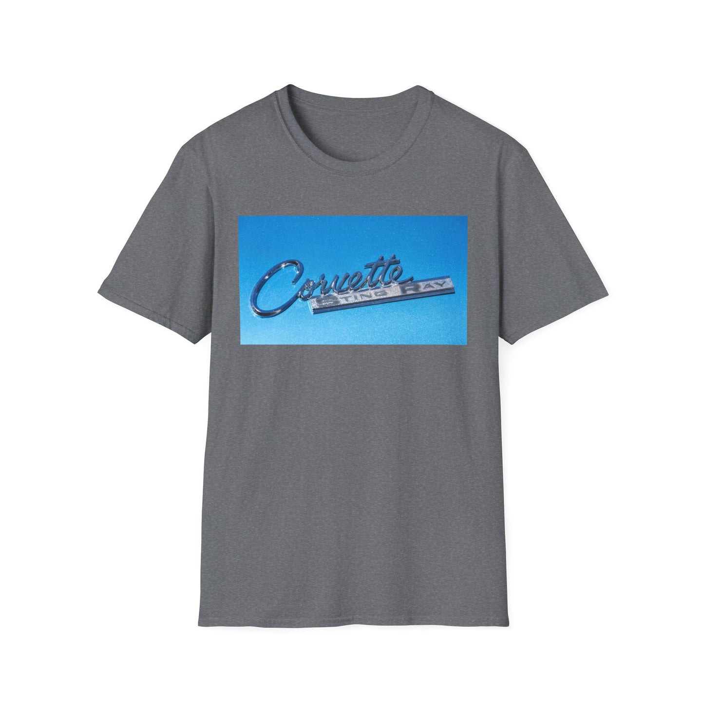 Corvette Stingray classic car chrome logo, silver on metal flake blue.