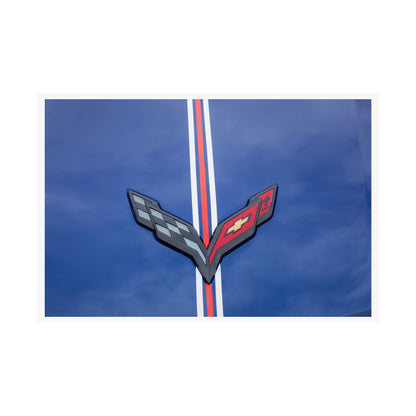 Chevrolet Corvette Stingray classic car logo emblem banner and hood ornament for car lovers' garages, man caves, and offices.