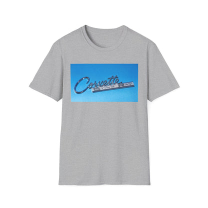 Corvette Stingray classic car chrome logo, silver on metal flake blue.