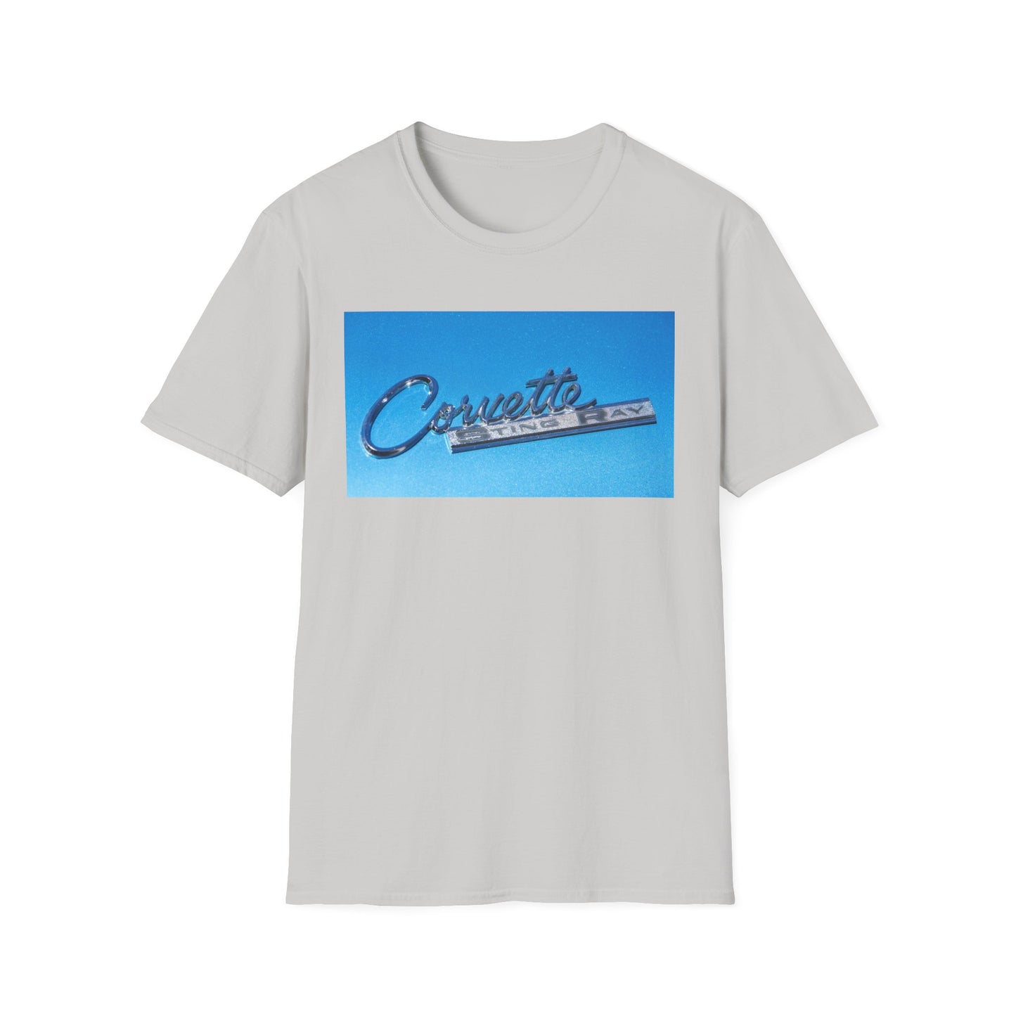 Corvette Stingray classic car chrome logo, silver on metal flake blue.